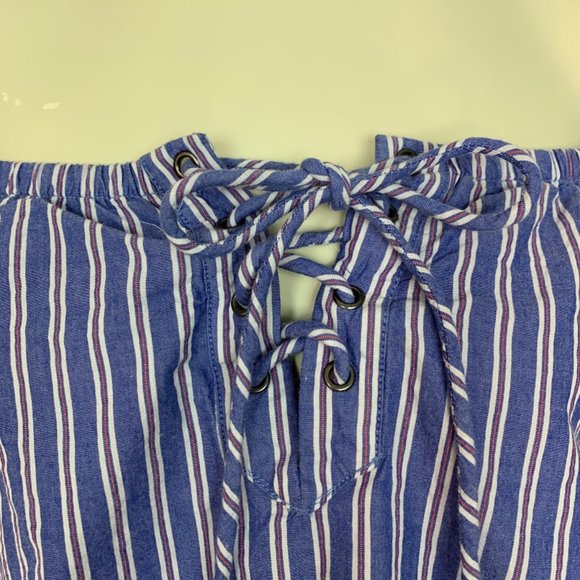 J.O.A. Lace Up Off The Shoulder Stripe Blue Top - Picture 4 of 8